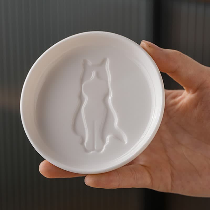 Buddha Stones White Ceramic Cat Silhouette Elegant Round Sauce Dish - image 3