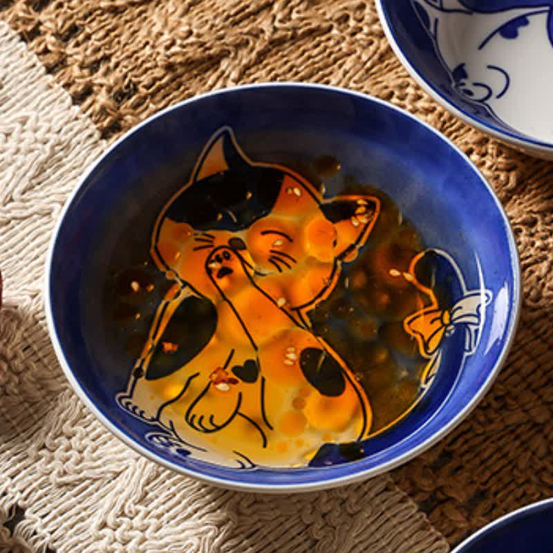 Buddha Stones Blue White Ceramic Playful Cat Round Sauce Dish - image 6