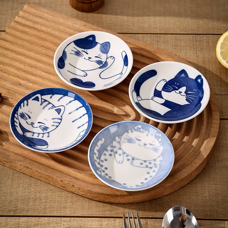 Buddha Stones Cute Cat Round Ceramic Shallow Dish Japanese Style Sauce Dish - image 0
