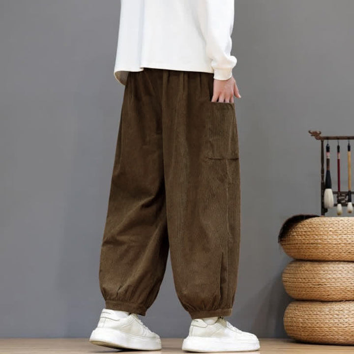 Buddha Stones Fall Winter Casual Drawstring Solid Corduroy Cropped Pants Men's Harem Pants With Pockets - image 4