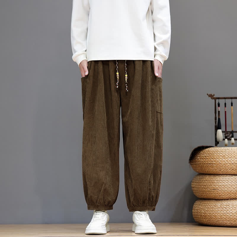 Buddha Stones Fall Winter Casual Drawstring Solid Corduroy Cropped Pants Men's Harem Pants With Pockets - image 1