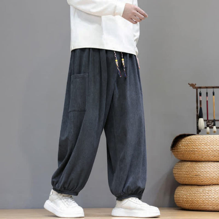 Buddha Stones Fall Winter Casual Drawstring Solid Corduroy Cropped Pants Men's Harem Pants With Pockets - image 10