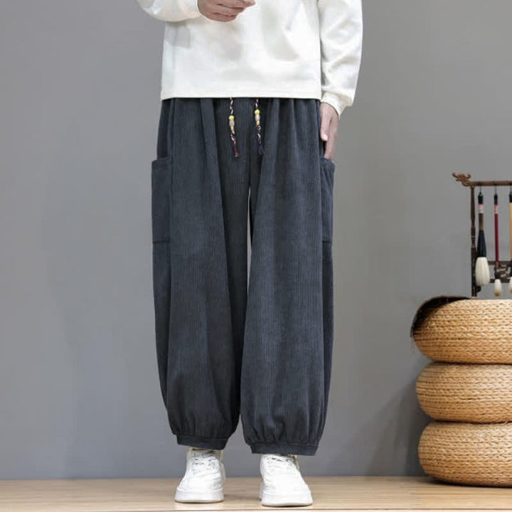 Buddha Stones Fall Winter Casual Drawstring Solid Corduroy Cropped Pants Men's Harem Pants With Pockets - DarkSlateGray - US/UK/AU48, EU58 (5XL) - image 9