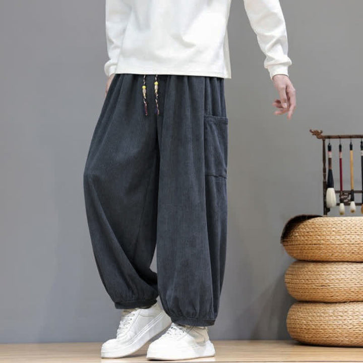 Buddha Stones Fall Winter Casual Drawstring Solid Corduroy Cropped Pants Men's Harem Pants With Pockets - image 14