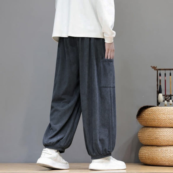 Buddha Stones Fall Winter Casual Drawstring Solid Corduroy Cropped Pants Men's Harem Pants With Pockets - image 12