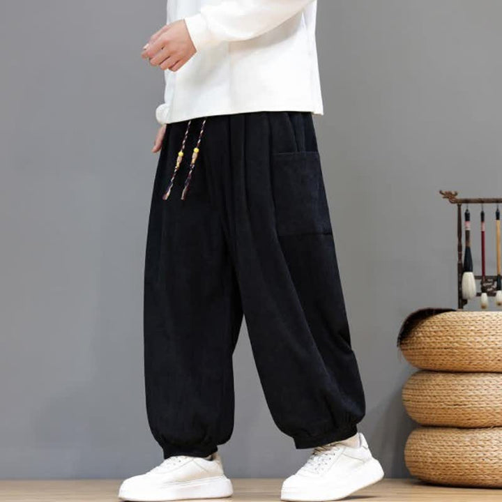 Buddha Stones Fall Winter Casual Drawstring Solid Corduroy Cropped Pants Men's Harem Pants With Pockets - image 24