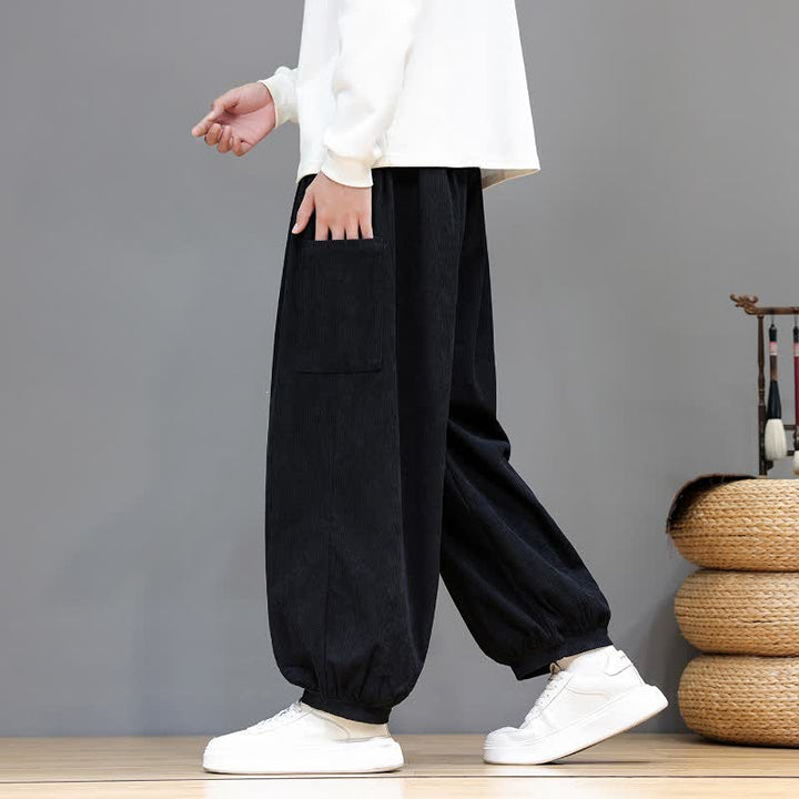 Buddha Stones Fall Winter Casual Drawstring Solid Corduroy Cropped Pants Men's Harem Pants With Pockets - image 26