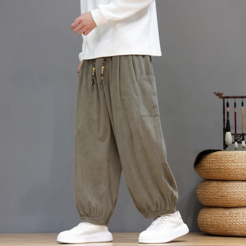 Buddha Stones Fall Winter Casual Drawstring Solid Corduroy Cropped Pants Men's Harem Pants With Pockets - Tan - US/UK/AU48, EU58 (5XL) - image 29