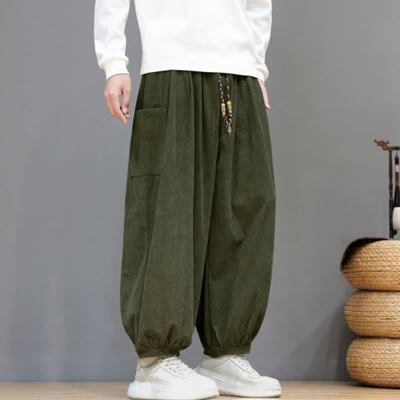 Buddha Stones Fall Winter Casual Drawstring Solid Corduroy Cropped Pants Men's Harem Pants With Pockets - image 42