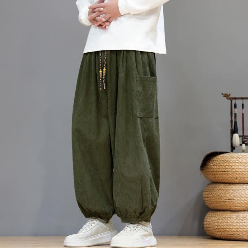 Buddha Stones Fall Winter Casual Drawstring Solid Corduroy Cropped Pants Men's Harem Pants With Pockets - image 37