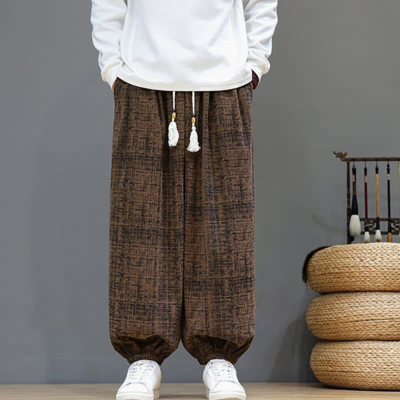 Buddha Stones Fall Classic Vintage Drawstring Plaid Ankle Pants Corduroy Men's Harem Pants With Pockets - image 1