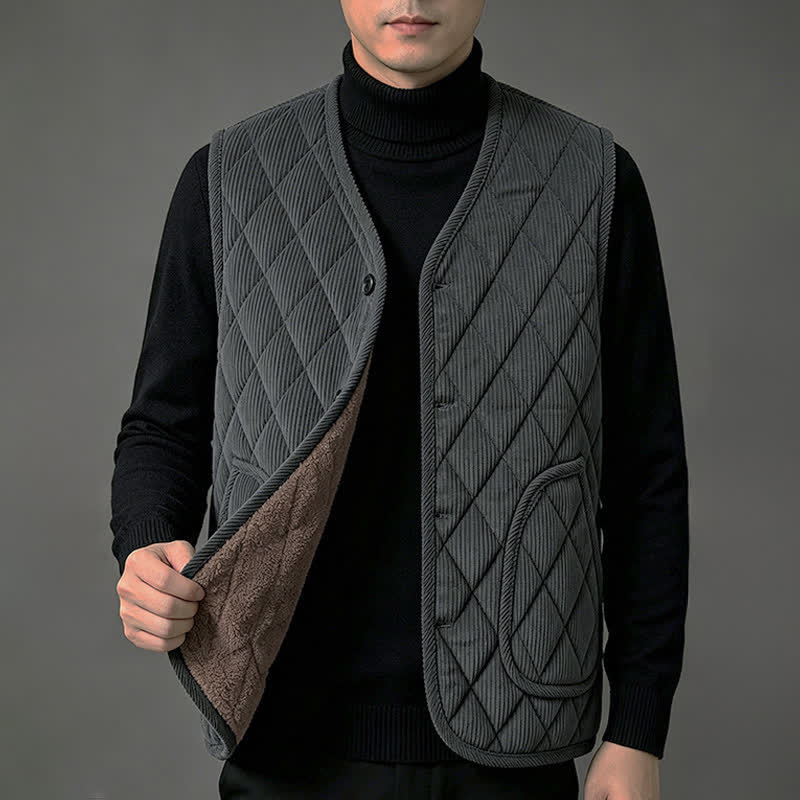 Buddha Stones Fall Winter Casual Minimalist Quilted V-Neck Geometric Tank Top Corduroy Men's Vest With Pockets - image 1