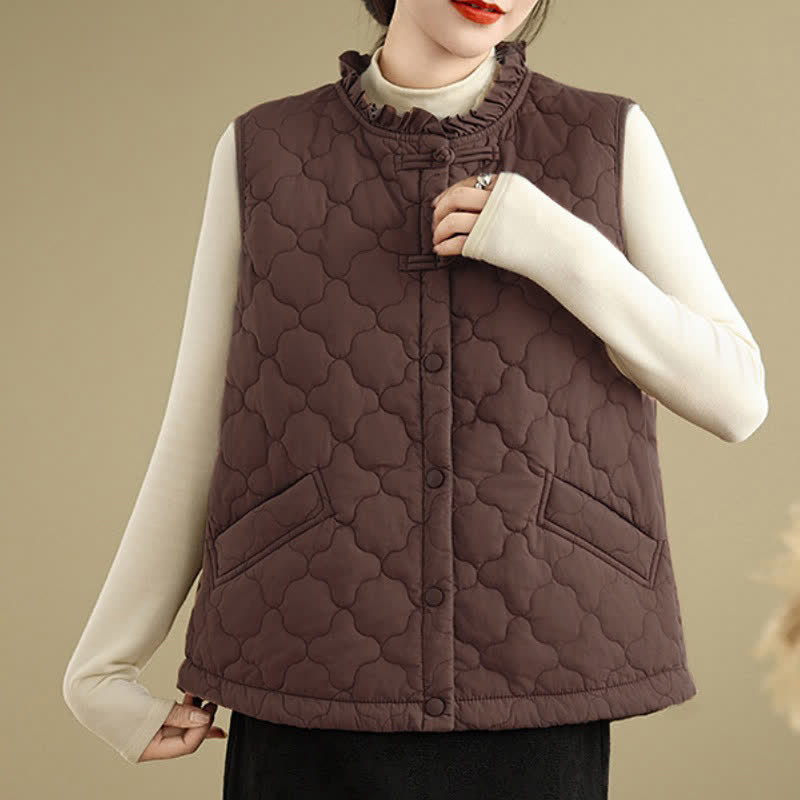 Buddha Stones Fall Winter Vintage Tang Style Frog Button Floral Shape Tank Top Women's Vest With Pockets - image 1
