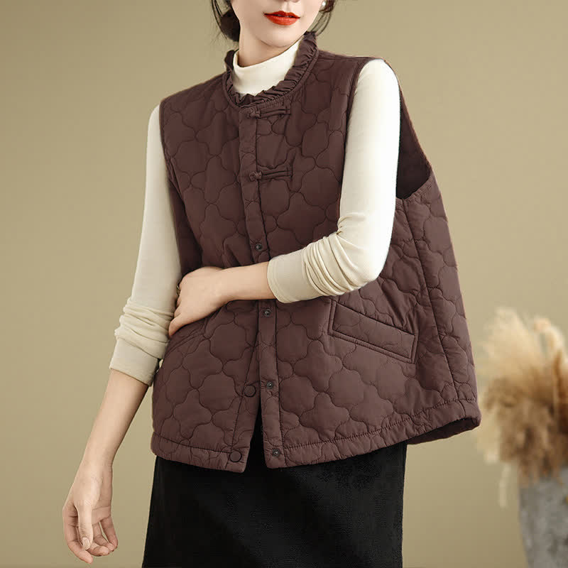 Buddha Stones Fall Winter Vintage Tang Style Frog Button Floral Shape Tank Top Women's Vest With Pockets - Sienna - US8-10, UK/AU12-14, EU40-42 (2XL) - image 0