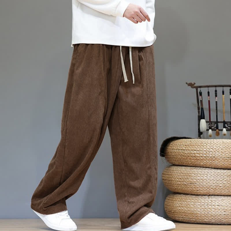 Buddha Stones Fall Winter Simple Drawstring Solid Ankle Pants Corduroy Men's Straight Leg Pants With Pockets - image 1