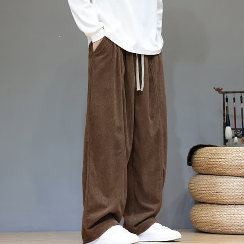 Buddha Stones Fall Winter Simple Drawstring Solid Ankle Pants Corduroy Men's Straight Leg Pants With Pockets - image 4