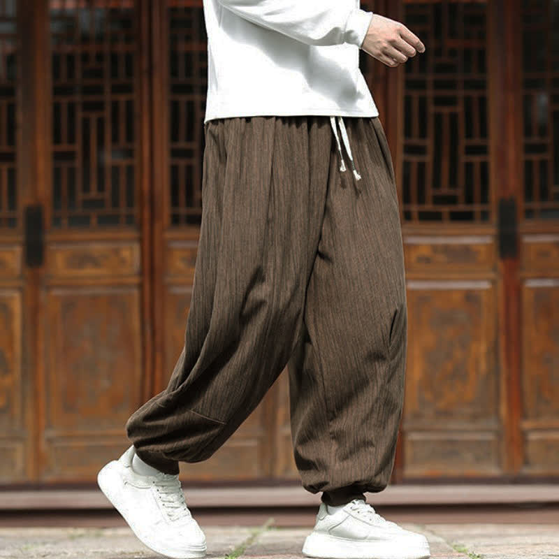 Buddha Stones Fall Winter Casual Boho Drawstring Solid Cropped Pants Corduroy Men's Harem Pants With Pockets - image 1