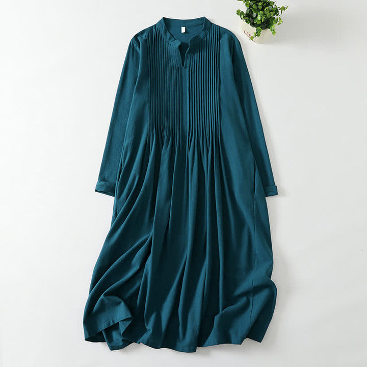 Buddha Stones Fall Minimalist Vintage Solid Women's Long Sleeve Dress With Pockets - DarkCyan - US12, UK/AU16, EU44 (2XL) - image 0