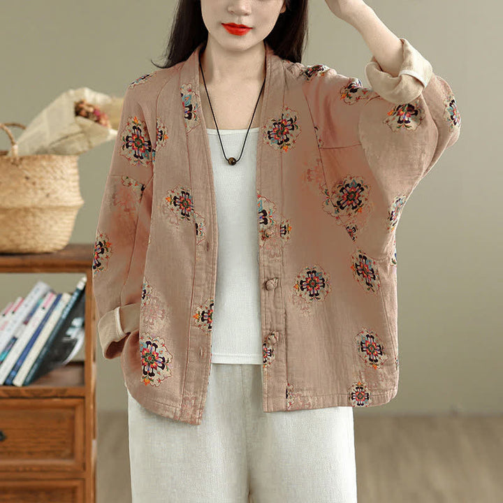 Buddha Stones Spring Casual Vintage Button-Up Floral Pattern Cropped Women's Jacket - MistyRose - US8-10, UK/AU12-14, EU40-42 (2XL) - image 0