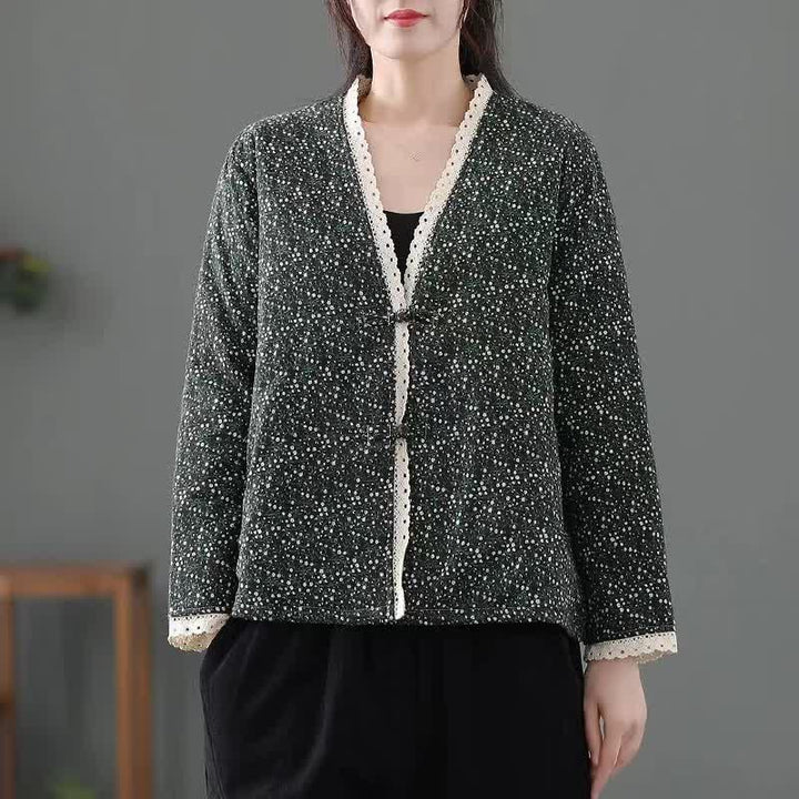Buddha Stones Fall Winter Casual Vintage Button-Up V-Neck Dot Pattern Women's Jacket - Black - US12, UK/AU16, EU44 (3XL) - image 8