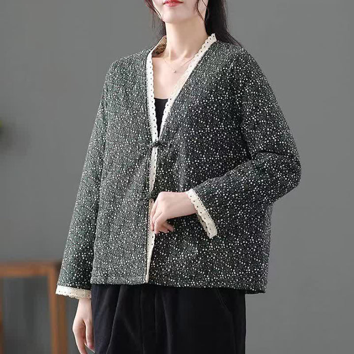 Buddha Stones Fall Winter Casual Vintage Button-Up V-Neck Dot Pattern Women's Jacket - image 10