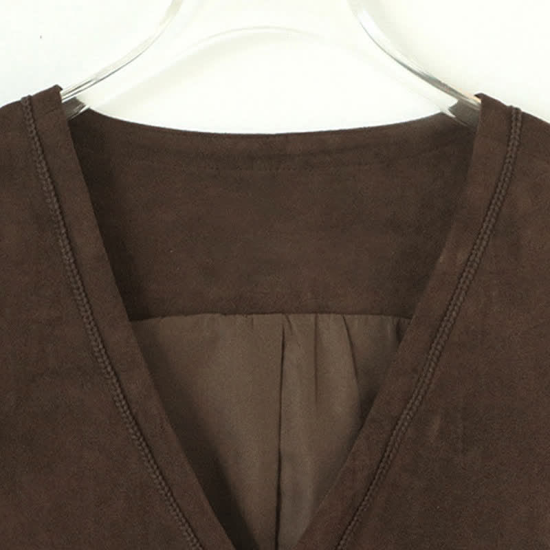 Buddha Stones Fall Vintage Casual Button-Up Drawstring V-Neck Solid Cotton Tank Top Women's Vest - image 3