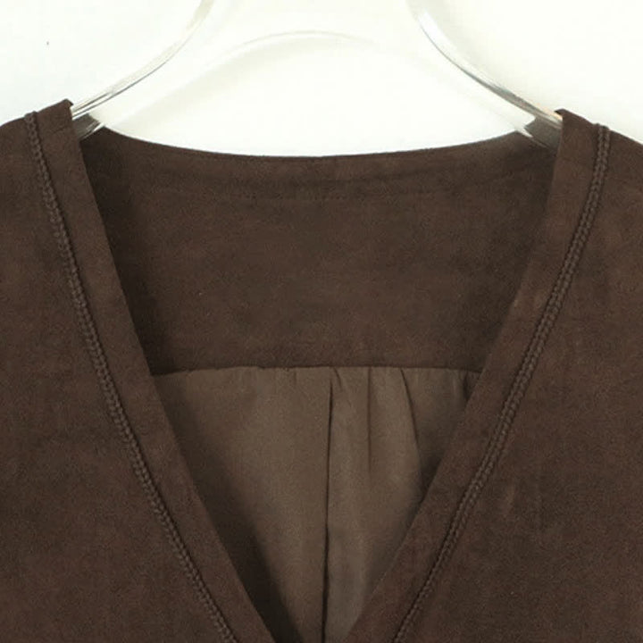 Buddha Stones Fall Vintage Casual Button-Up Drawstring V-Neck Solid Cotton Tank Top Women's Vest - image 3