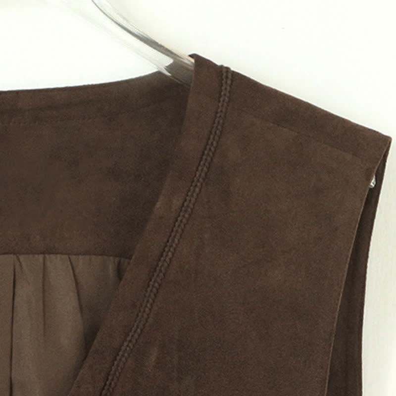 Buddha Stones Fall Vintage Casual Button-Up Drawstring V-Neck Solid Cotton Tank Top Women's Vest - image 5