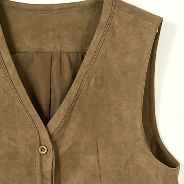 Buddha Stones Fall Vintage Casual Button-Up Drawstring V-Neck Solid Cotton Tank Top Women's Vest - image 14