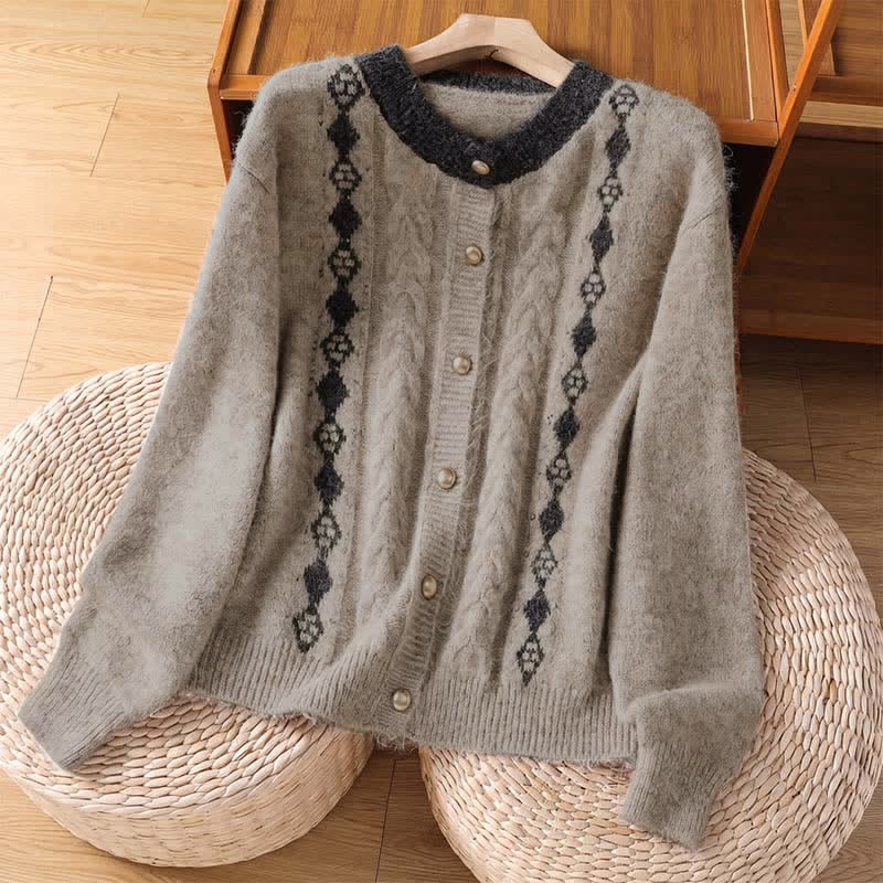 Buddha Stones Fall Winter Casual Vintage Button-Up Crew Neck Geometric Cotton Women's Knitwear Cardigan - Tan - US4-6, UK/AU8-10, EU36-38 (F) - image 0