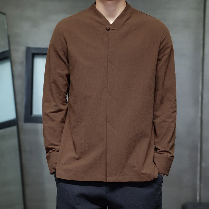 Buddha Stones Fall Tang Style Minimalist Frog Button Solid Men's Long Sleeve Shirts - Sienna - US/UK/AU46, EU56 (5XL) - image 10
