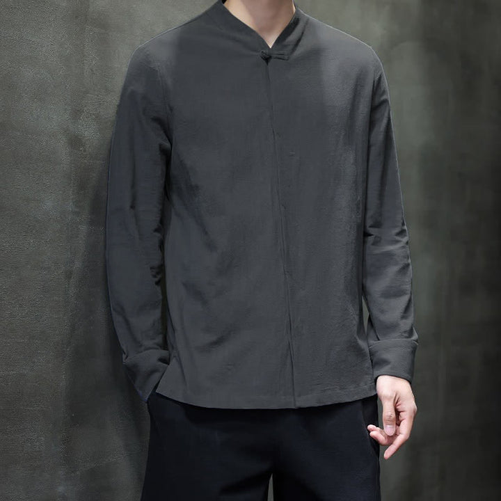Buddha Stones Fall Tang Style Minimalist Frog Button Solid Men's Long Sleeve Shirts - image 4