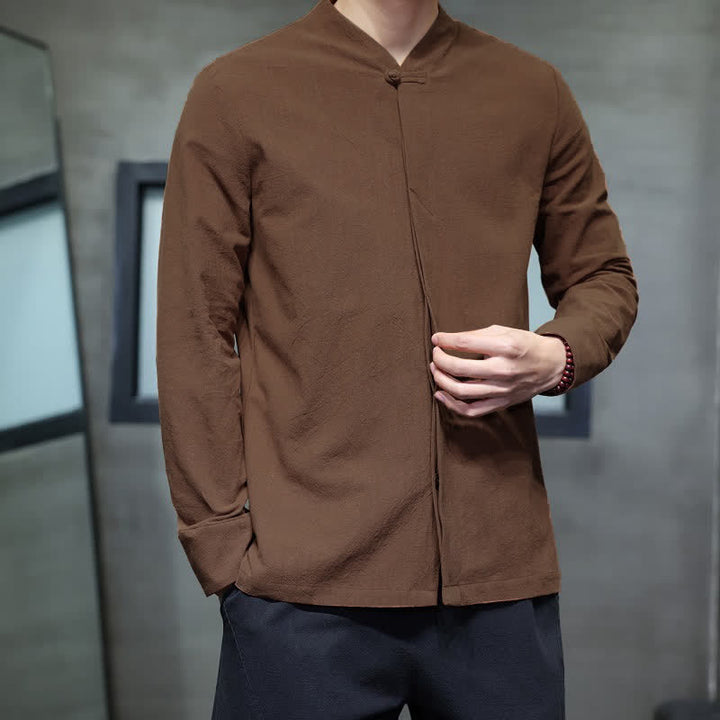 Buddha Stones Fall Tang Style Minimalist Frog Button Solid Men's Long Sleeve Shirts - image 11