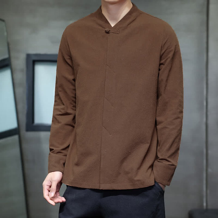 Buddha Stones Fall Tang Style Minimalist Frog Button Solid Men's Long Sleeve Shirts - image 13