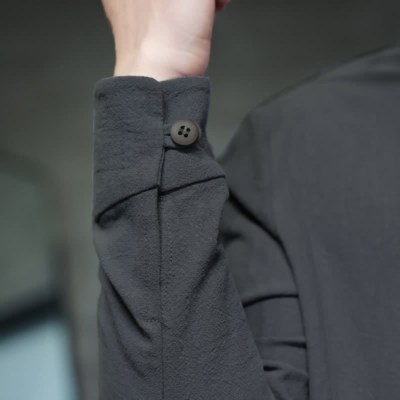 Buddha Stones Fall Tang Style Minimalist Frog Button Solid Men's Long Sleeve Shirts - image 9