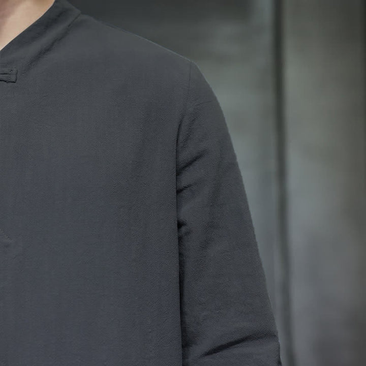 Buddha Stones Fall Tang Style Minimalist Frog Button Solid Men's Long Sleeve Shirts - image 5