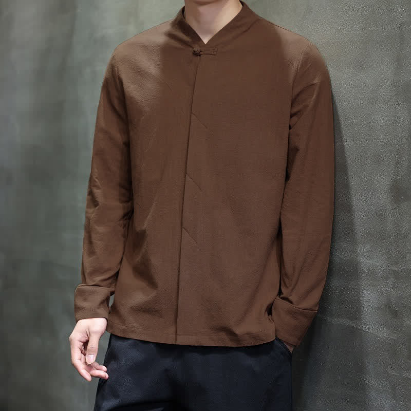 Buddha Stones Fall Tang Style Minimalist Frog Button Solid Men's Long Sleeve Shirts - image 16