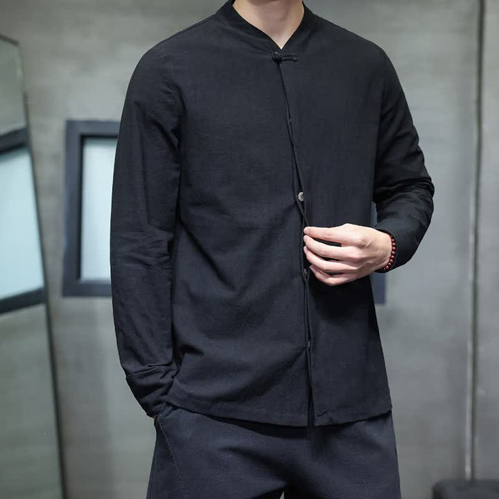 Buddha Stones Fall Tang Style Minimalist Frog Button Solid Men's Long Sleeve Shirts - image 18