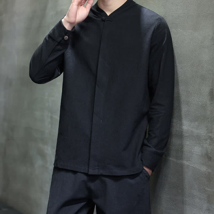 Buddha Stones Fall Tang Style Minimalist Frog Button Solid Men's Long Sleeve Shirts - image 22