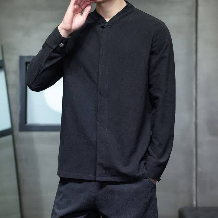 Buddha Stones Fall Tang Style Minimalist Frog Button Solid Men's Long Sleeve Shirts - image 19