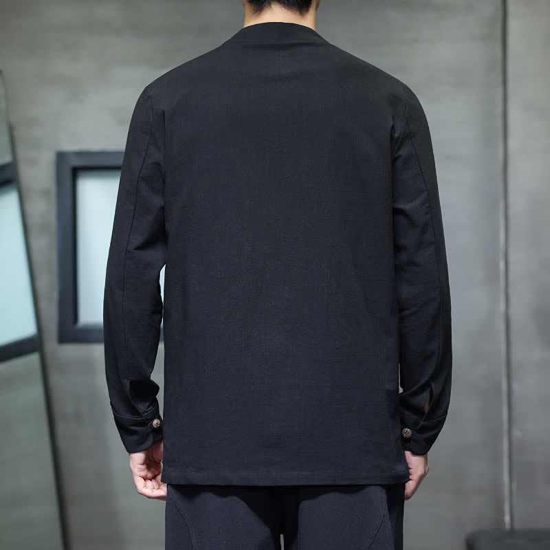 Buddha Stones Fall Tang Style Minimalist Frog Button Solid Men's Long Sleeve Shirts - image 21