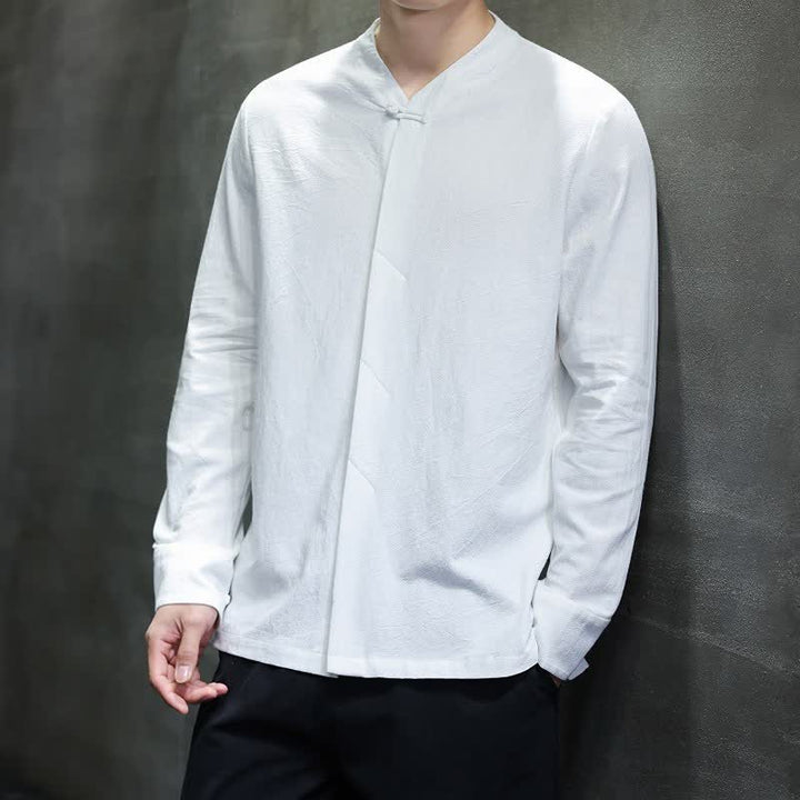 Buddha Stones Fall Tang Style Minimalist Frog Button Solid Men's Long Sleeve Shirts - image 26