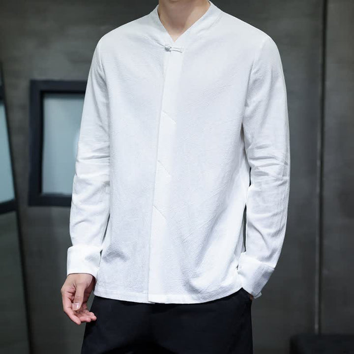 Buddha Stones Fall Tang Style Minimalist Frog Button Solid Men's Long Sleeve Shirts - image 30