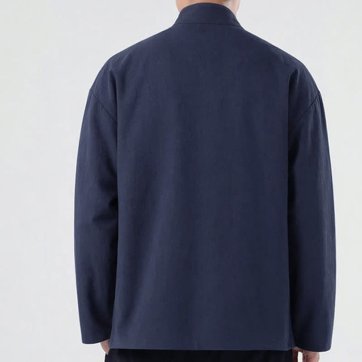 Buddha Stones Spring Fall Tang Style Frog Button Solid Cotton Linen Men's Long Sleeve Shirts With Pockets - image 4