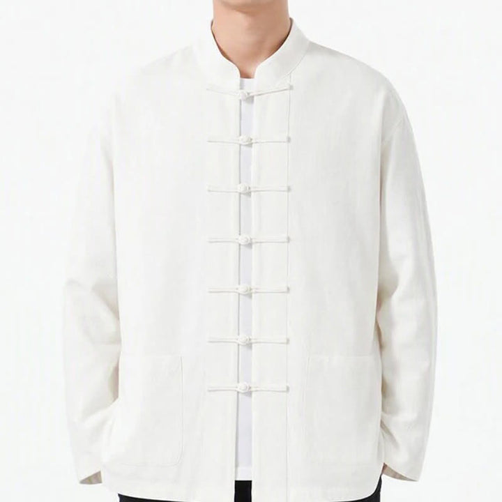 Buddha Stones Spring Fall Tang Style Frog Button Solid Cotton Linen Men's Long Sleeve Shirts With Pockets - image 45