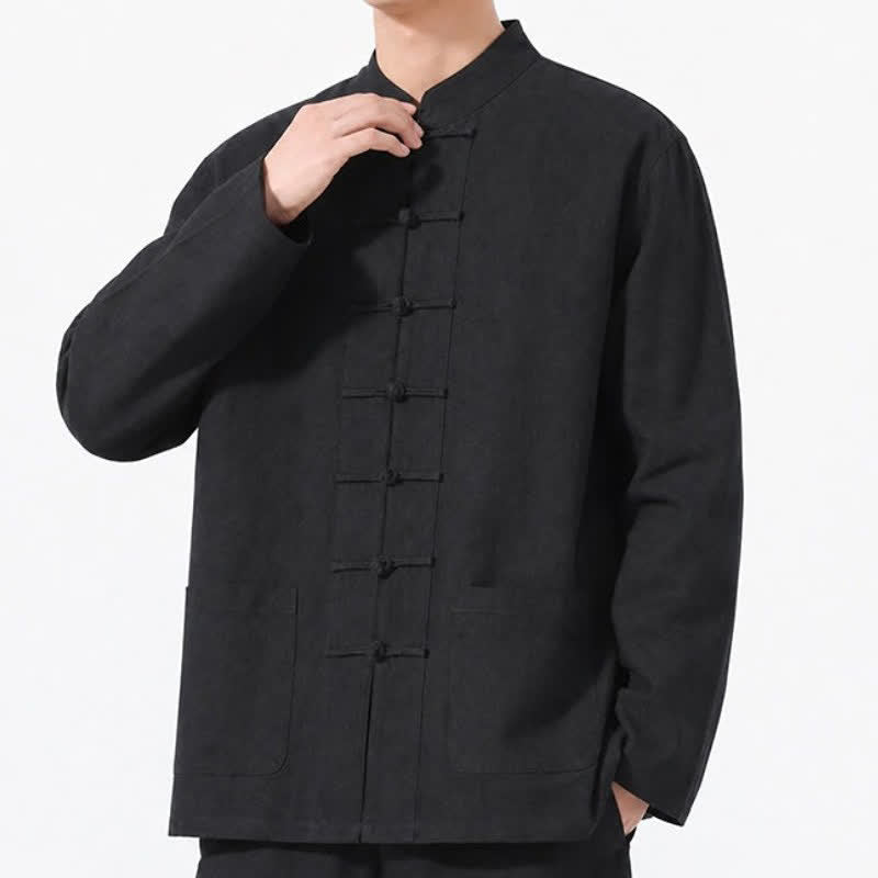 Buddha Stones Spring Fall Tang Style Frog Button Solid Cotton Linen Men's Long Sleeve Shirts With Pockets - image 16