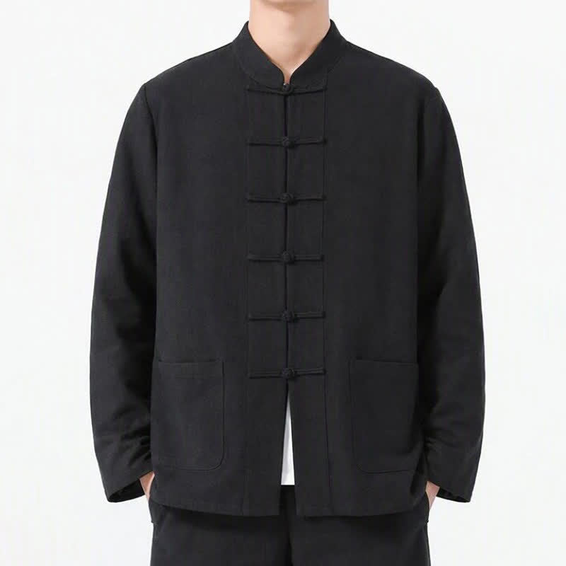 Buddha Stones Spring Fall Tang Style Frog Button Solid Cotton Linen Men's Long Sleeve Shirts With Pockets - image 14