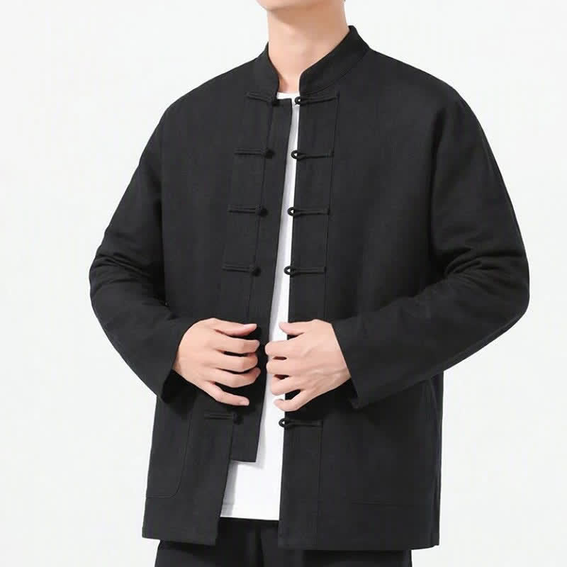 Buddha Stones Spring Fall Tang Style Frog Button Solid Cotton Linen Men's Long Sleeve Shirts With Pockets - image 15