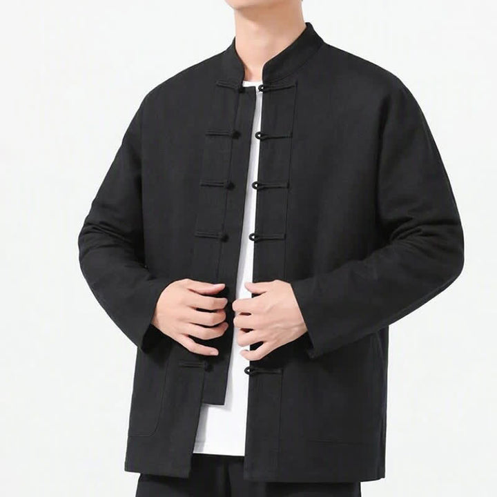 Buddha Stones Spring Fall Tang Style Frog Button Solid Cotton Linen Men's Long Sleeve Shirts With Pockets - image 15