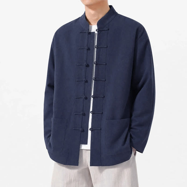 Buddha Stones Spring Fall Tang Style Frog Button Solid Cotton Linen Men's Long Sleeve Shirts With Pockets - image 1